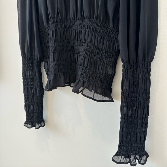 Halogen Smocked Chiffon Blouse Long Statement Sleeve Sheer Date Night Out Black - Picture 3 of 12